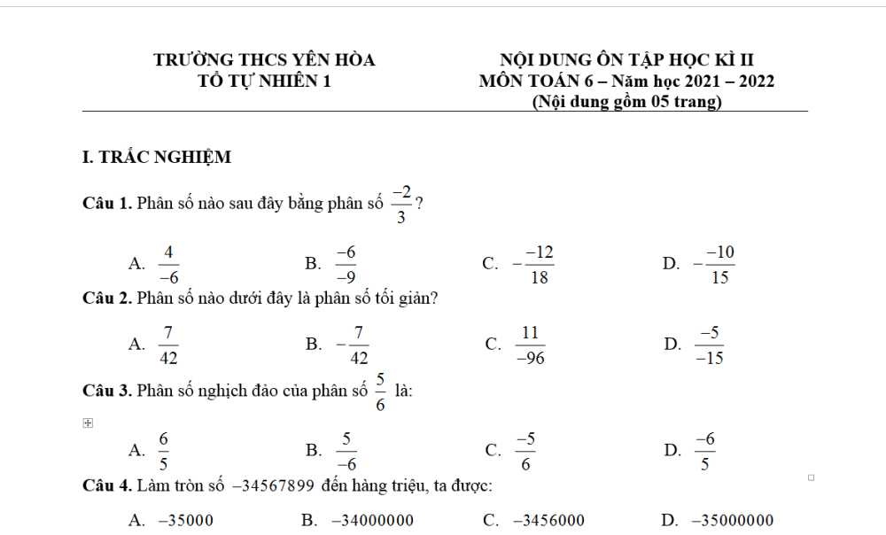 Toán 6: Đề cương Ôn tập giữa học kì 1. Trường THCS Yên Hòa năm học 2021-2022